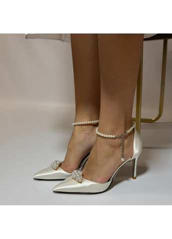 No Brand Женские туфли свадебные атласные и ремешком жемчуг и брошью 9 см белый з текстиль, — (351394441)