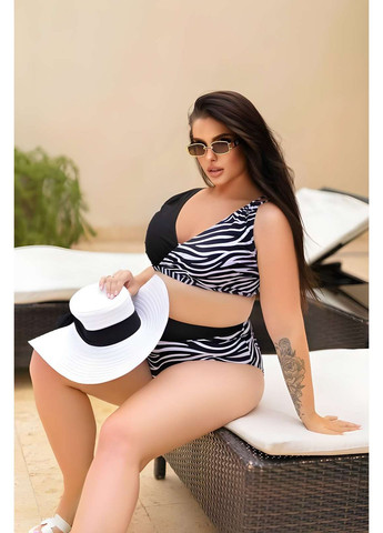 Черный летний женский летний раздельный черно-белый полосатый купальник зебра 2хл 4хл No Brand