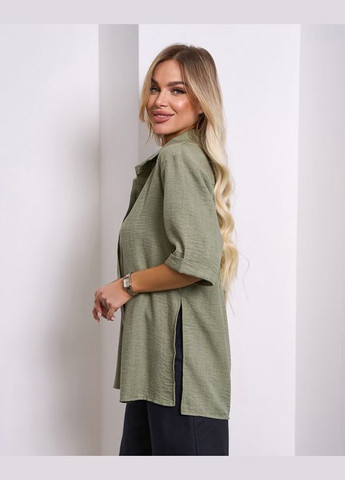 Оливковая повседневный рубашка однотонная ISSA PLUS с коротким рукавом