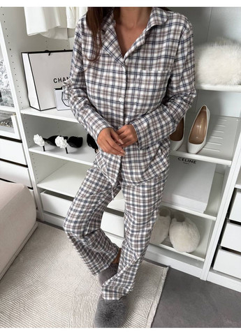Бежева всесезон жіноча піжама в клітинку сорочка + брюки FINO Mode