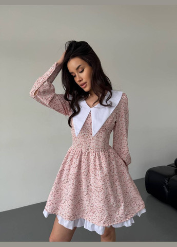 Пудровое повседневный платье мини с отложным воротником и объемными рукавами клеш MonCher с цветочным принтом