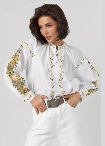Белая женская вышиванка на завязках с рукавами-регланами Lurex прямой хлопок (327088462)