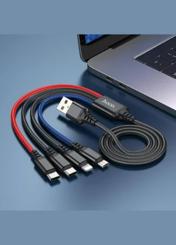 Кабель X76 USB to iP+TypeC+Type-C+Micro 2A, 1m, nylon, aluminum connectors Black+Red+Blue Hoco (305772470)