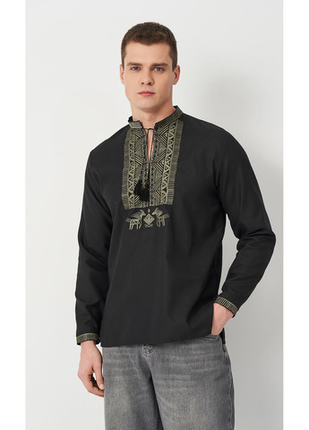 Чёрная мужская вышиванка vishivano4ka 645-4 узор орнамент прямой домотканное полотно (371886604)