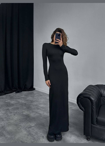 Чорна однотонна елегантна сукня-максі з якісного куліра, літня приємна до тіла чорна сукня з довгим рукавом No Brand