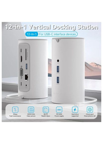 Концентратор 3.5m/PD/DC100W12-in-1 (TPHWC-EU) Vention USB3.1 Type-C to HDMI/VGA/USB3.0x3/RJ45/SD/TF/TRRS (366648247)