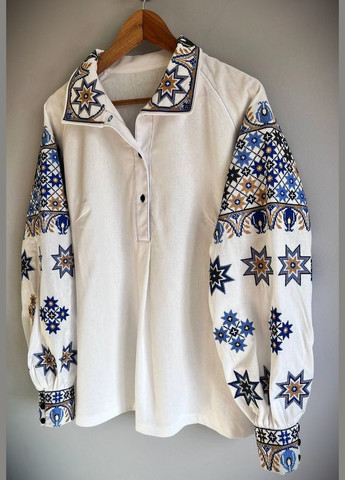Молочна жіноча лляна вишиванка з геометричним орнаментом машинна вишивка етно блуза візерунок орнамент приталена, вільна, пряма льон (332961054)