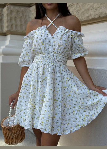 Молочное повседневный, праздничный летнее платье из муслина в цветочный принт клеш, с открытыми плечами Style Point с цветочным принтом