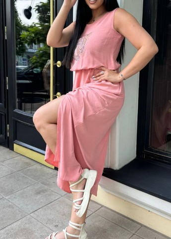 Розовое повседневный изысканное легкое повседневное летнее меди платье без рукавов с карманами и украшенное камешками Tik-Tak с рисунком