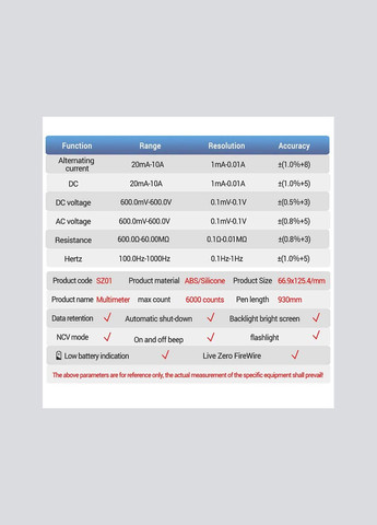 Мультиметр цифровой SZ01 карманный, True RMS, NCV, автоопределение, фонарик, LCD, 600В, 10A Aneng (302737590)