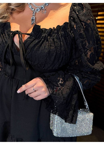 Черное вечернее платье мини с гипюровыми рукавами Byron однотонное