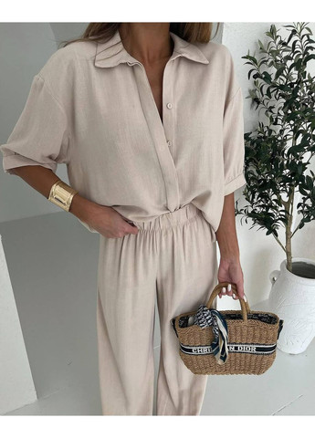 Женский льняной костюм: рубашка с коротким рукавом + широкие брюки Україна (353492753)