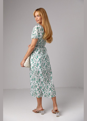 Зеленое кэжуал летнее платье миди с коротким рукавом и открытыми плечами 3297 Lurex с цветочным принтом