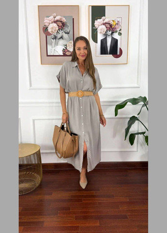 Сіра повсякденний жіноча сукня сорочка довжини міді з поясом сукня-сорочка MonCher