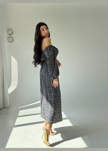 Чорна ніжна принтована сукня-максі з довгим рукавом і відкритим декольте, літня красива чорна сукня No Brand з квітковим принтом