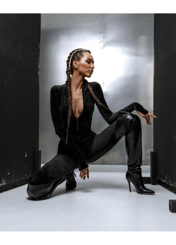 Жіночий велюровий комбінезон FINO Mode комбінезон-брюки чорний спортивний, повсякденний, вечірній, кежуал велюр