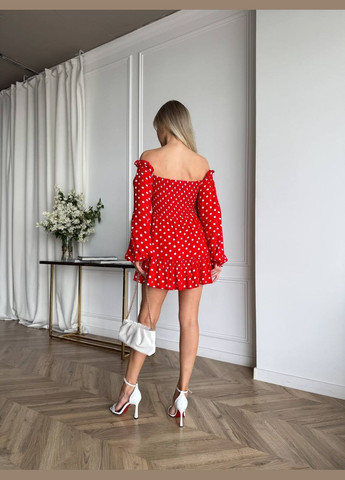 Красное повседневный, праздничный женское мини платье в горошек клеш, с открытыми плечами Style Point в горошек