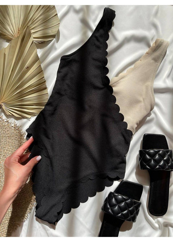 Чорний купальник суцільний tide у рубчик чорний з бежевим майо No Brand