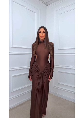 Коричнева святковий, вечірня жіноча сукня максі з драпіруванням та відкритою спиною з відкритою спиною MonCher