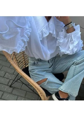 Белая повседневный, вечерний, классическая, кэжуал рубашка однотонная FINO Mode с длинным рукавом