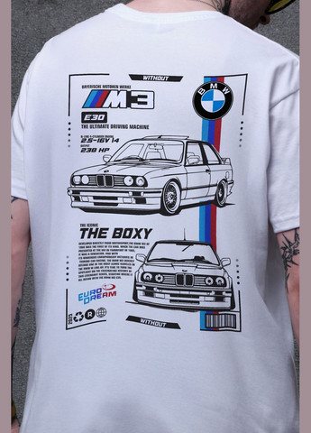 Біла чоловіча оверсайз футболка з принтом bmw з довгим рукавом Without