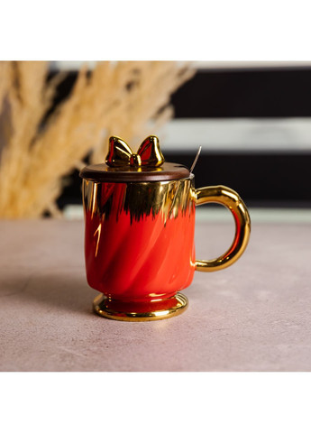 Чашка порцелянова Ribbon 450 мл з кришкою та ложкою, червоний FM-23C No Brand (368641476)