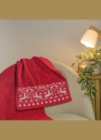 Махровий банний рушник Новорічний Merry Christmas Олені 70х140см 500г/м2 (Червоний) GM Textile червоний