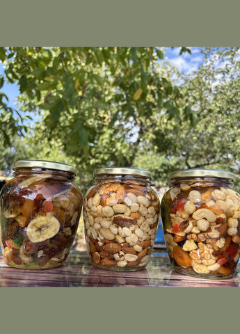 Ассорти орехи и сухофрукты у меда акации 0,72 л (900 грамм) МЕД ПОШТОЮ (322148692)