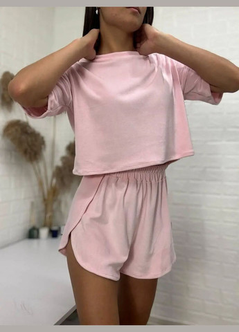 Пудрова всесезон жіноча піжама "футбока шорти", велюр на х/б основі (плюш), колір пудра т.м. lekol No Brand