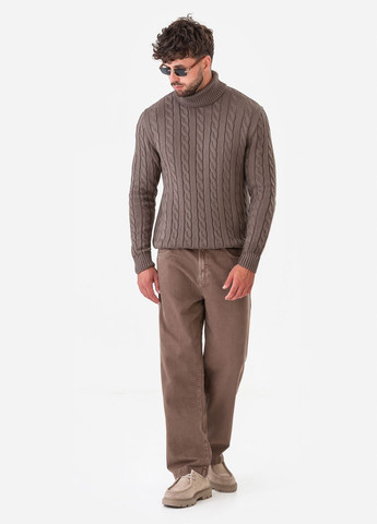 Кавовий зимовий чоловічий джемпер з об'ємною в'язкою «коси» та високим коміром. SVTR
