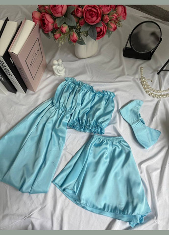 Блакитна всесезон жіноча шовкова піжама 3 в 1 топ + шорти Avanti