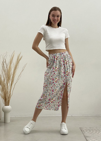 Довга літня жіноча спідниця в квіточку з розрізом із штапелю Merlini Лакко (292577054)
