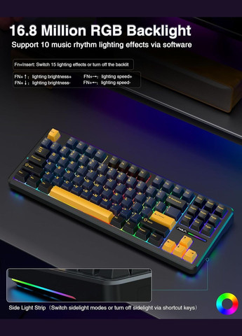 Клавіатура бездротова 2.4G Bluetooth з RGB, ігрова,Hot Swap,3 режими підключення, чорна з жовтим Aula F87 PRO (322238053)