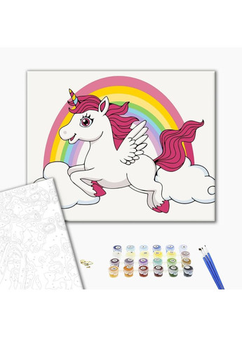 Дитяча картина за номерами тварини Веселковий єдиноріг 30х40 Полотно на дерев'яному підрамнику KBS7125 Brushme (371159905)