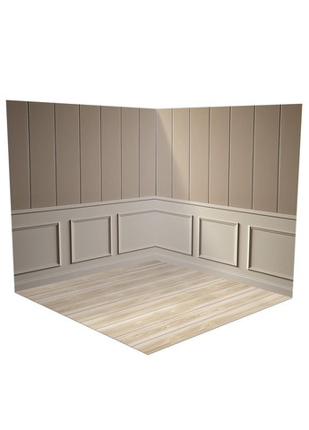 Кутовий вініловий фотофон 3D, бежева панельна стіна, підлога світле дерево і кремовий мармур, 70×70 см, №58341 PhotoVinyl (354377116)