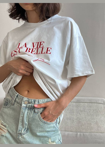 Шикарная качественная белая футболка из турецкого кулира (100% хлопок), oversize футболка с качественным красным накатом No Brand 229 - (289477771)