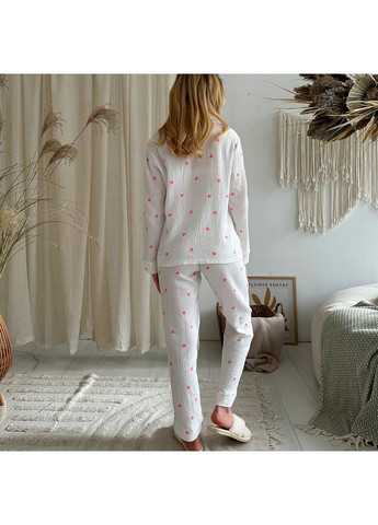 Бордовая женская пижама (рубашка+штаны) муслин белая сердца розовые m210p Cosy