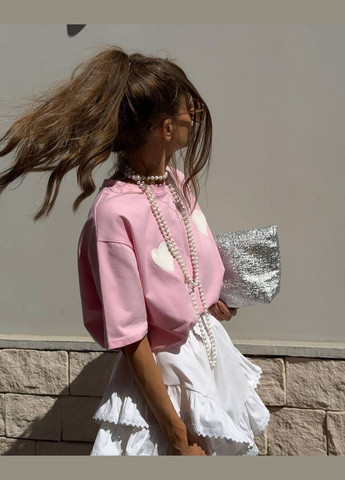 Розовая футболка из турецкого кулира с принтом сердечек на груди,стильная и комфортная для любого образа No Brand 238 - (316302130)