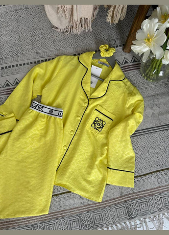 Светло-желтая всесезон изящная пижама с вышивкой рубашка + брюки Vakko