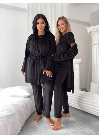 Чорна зимня жіноча велюрова домашня піжама піжамний комплект трійка зі штанами лавандовий бузковий Україна