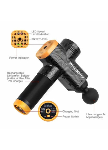 Массажный ударный пистолет триггерных точек Phoenix A2 (4 насадки) кнопочный Черный No Brand (332634552)