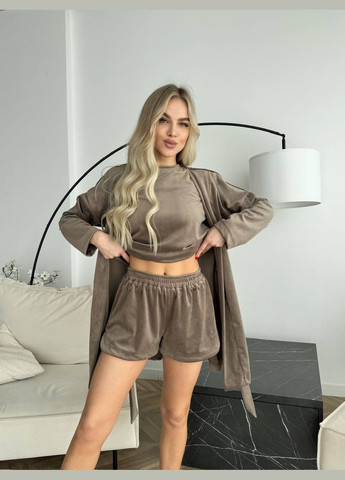 Сексуальный женский комплект тройка халат шорты и футболка бежевого цвета No Brand (322168574)