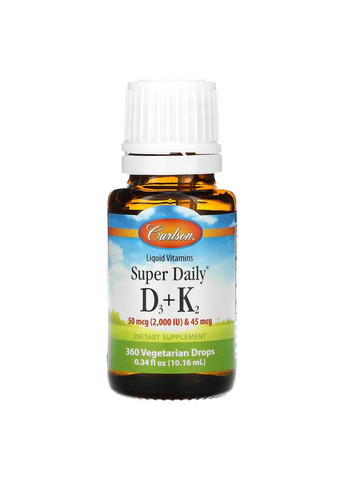 Вітамін D3+K2 у краплях, 2000 МО та 45 мкг, Super Daily D3+K2,, 10.16 мл Carlson Labs (322741262)