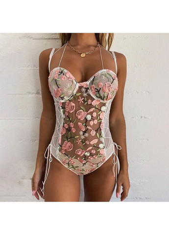 Мереживний боді зі шнурівкою та вишивкою білого кольору. Мереживний бодік з шнурівкою і вишивкою на бретелях China (360866784)