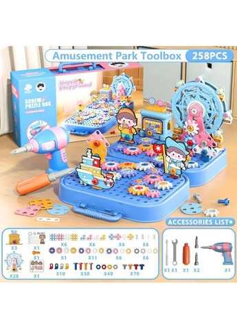 Детская мозаика-конструктор в чемоданчике Колесо обзора 258 деталей Электрическая дрель шуруповерт 2D и 3D сборка No Brand (363042267)