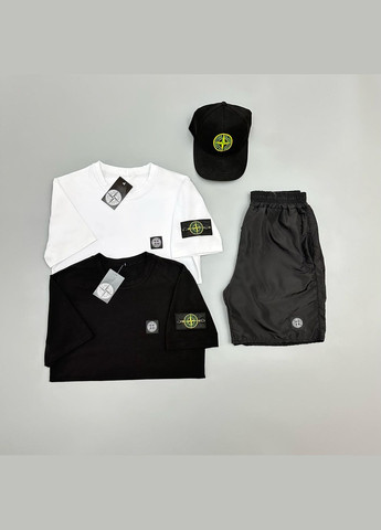 Стильний чоловічий літній костюм 3в1 + кепка Stone Island чорно-білий No Brand (342120266)