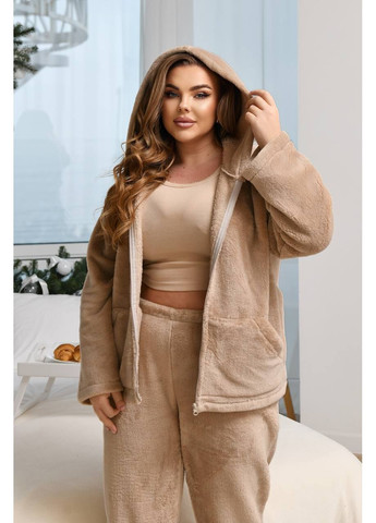 Бежевая всесезон женская теплая пижама из махра — замеры в описании кофта + брюки DK/DL Мода без кордонів