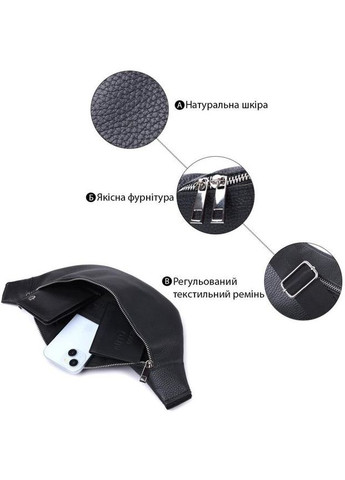 Чоловіча шкіряна сумка на пояс бананка через плече для телефону та документів середня Чорний 38786 Shvigel (353302632)