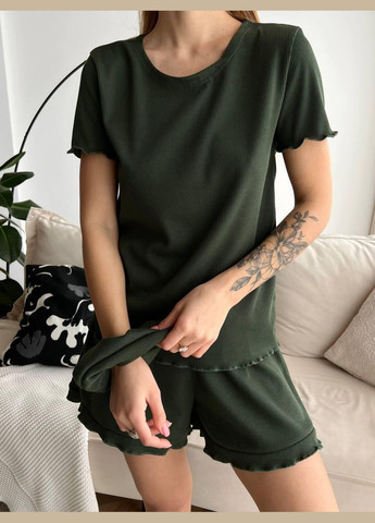 Оливковая (хаки) всесезон пижама женская комплект шорты футболка резинка для волос футболка + шорты JUGO m523