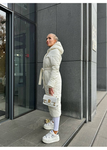 Молочна зимня довгий жіночий пуховик із поясом — заміри в описі куртка-пальто DK/DL Мода без кордонів